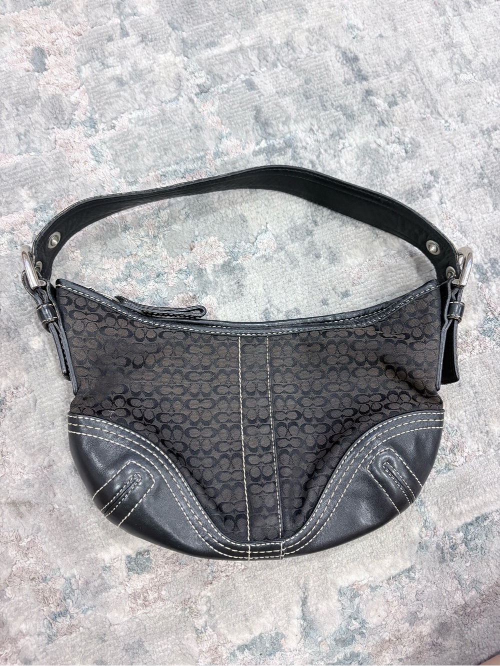 Black Signature Pattern Shoulder Bag with Contrast Stitching